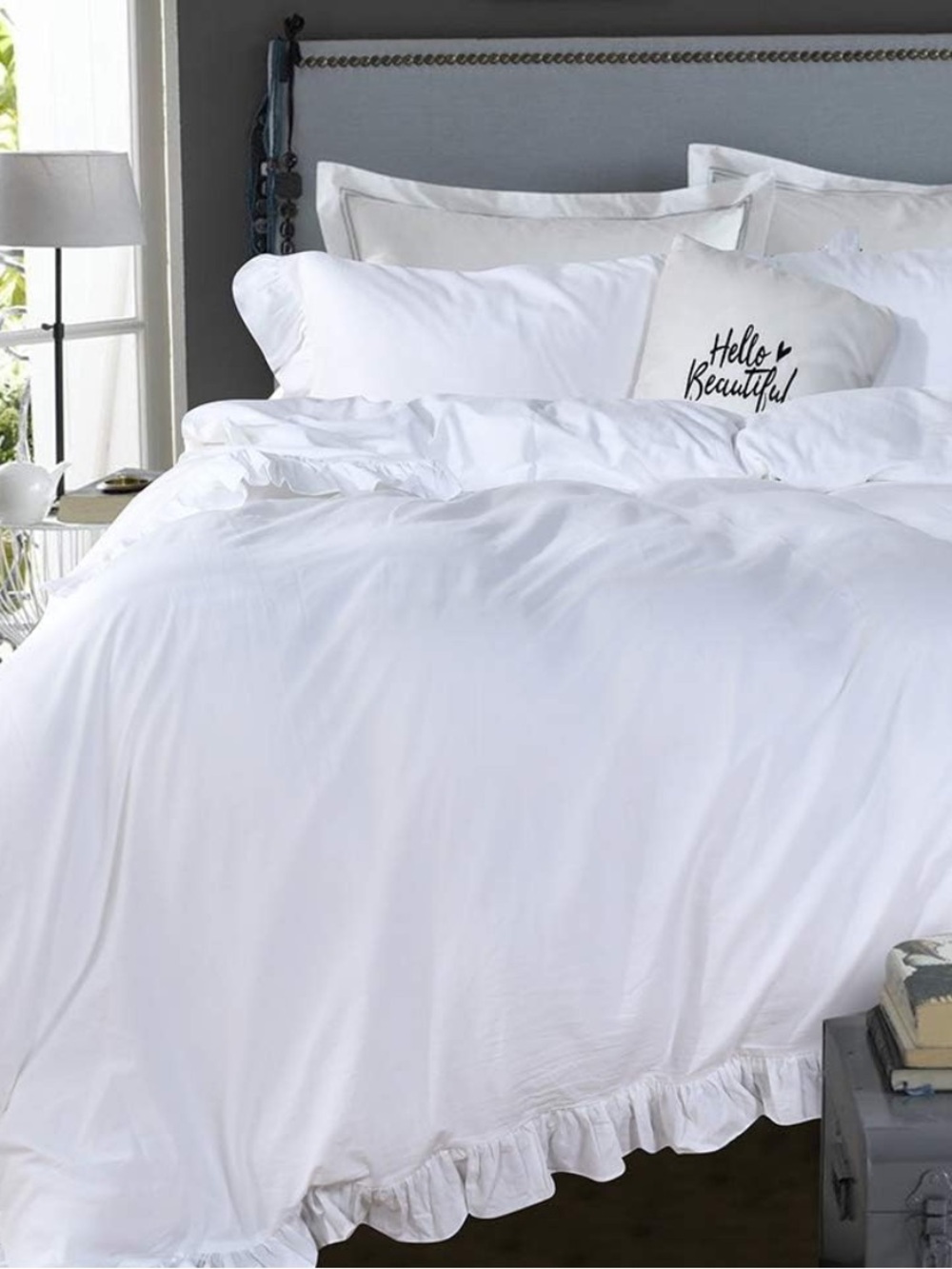 QSH 100% Cotton White Ruffle Duvet Cover & 2 Sham Set~ Queen Size~Farmhouse